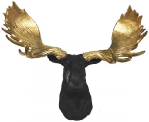 Faux Taxidermy Studio Fake North American Moose Head | Faux Taxidermy | Fake Black Moose Head with Gold Antlers Resin Moose Head (Black-Gold)