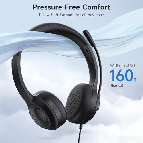 AOC USB Headset with Microphone, On-Ear Wired Headphones with Microphone, Noise-Cancelling, 40mm Audio Drivers, Headset for PC Computer Laptop Desktop Home Office Call Centers Teams Zoom (Dark Black)