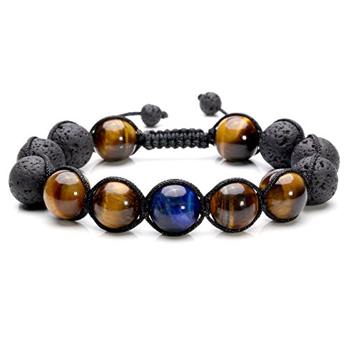 Jovivi Lava Stone Essential Oil Diffuer Bracelet Blue/Yellow Tiger Eye Semi Precious Stone Healing Energy Reiki Chakra Beads Macrame Adjustable Braided Bracelet