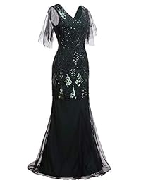 HADA PAREJA D20S004 Vestido largo de noche con lentejuelas en forma de V de los años 1920