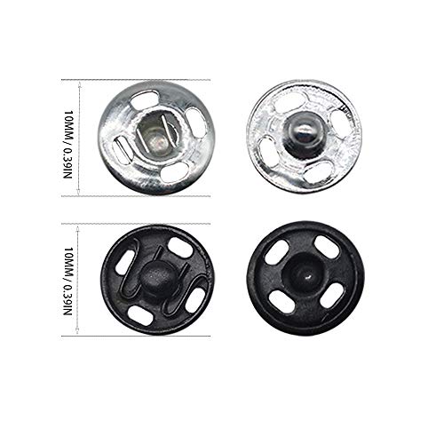 Meikeer 100 Sets Sew-on Snap Buttons Metal Snap Fastener Buttons Press Button for Sewing Clothing Silvery and Black(10mm)