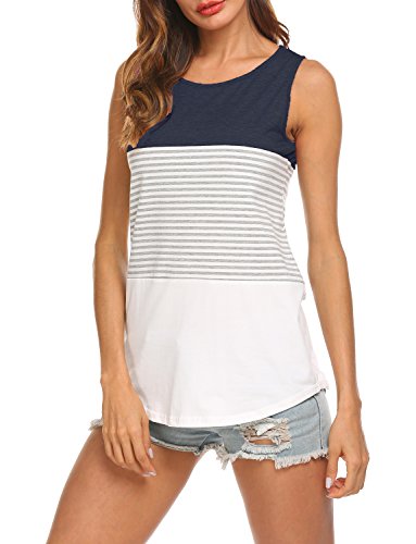 Hount Woman s Casual Round Neck Sleeveless Striped Summer Tank Tops (Navy Blue, L)