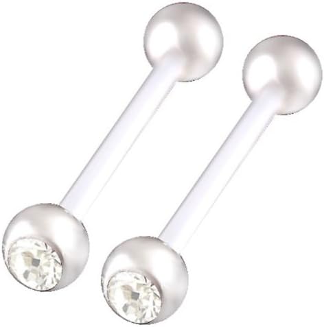 tongue piercing balls rings barbell 14g 19mm White flexible acrylic bar nipple ear 5mm stainless steel Crystal 2Pcs ALTY