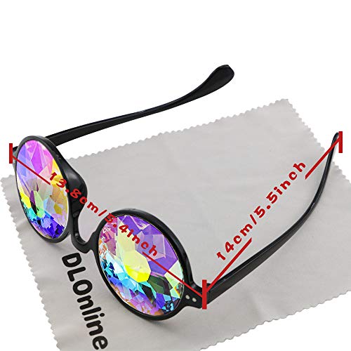 DLOnline Round Kaleidoscope Glasses,Rainbow Prism Sunglasses for Party Rave Festival Disco Dancing with Glasses Cloth,Glasses Bag and Box (Black Spectacle-Frame)