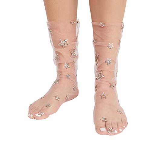SUKEQ Lace Socks, Women Soft Glitter Lace Socks Fishnet Ankle High Socks Mesh Socks Transparent Sheer Dress Socks Hosiery Socks (Pink) (Pink)