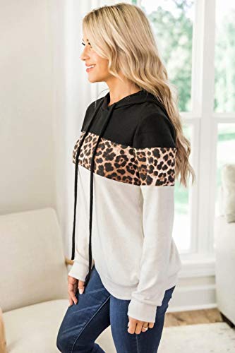 OWIN Women\'s Color Block Sweatshirt Leopard Hoodie Long Sleeve Drawstring Lightweight Pullover Tops