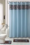 4 Piece Luxury Majestic Flocking Blue Bath Rug Set/ 3 Piece Bathroom Rugs with Fabric Shower Curtain and Matching Rings