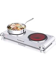 Techwood Hot Plate Electric Burner Countertop Burner Double Burner Infrared Ceramic Double Cooktop Cast Iron Outdoor Electric Stove 1800W (900W & 900W) with Adjustable Temperature Control Brushed Stainless Steel Easy To Clean Upgraded Version (Double Hot Palte)