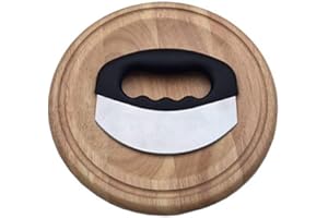 Checkered Chef Mezzaluna Chopper with Cutting Board Set - Rocker Knife - Mincing Knife with Cover and Herb Board - Round Wood