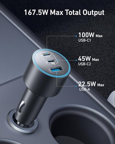 Caricatore Auto USB C 167.5W Max, Accendisigari USB C 3-Porte Ultra-Compatto e Rapido, Per MacBook Pro/Air, iPhone 16/15/14/13 Serie, Samsung S24/S23, iPad Pro, AirPods, e Altro Ancora