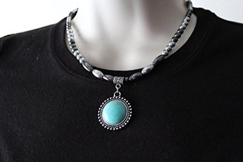 High Power Magnetic Black and Silver Hematite Therapy Necklace with Turquiose Pendant
