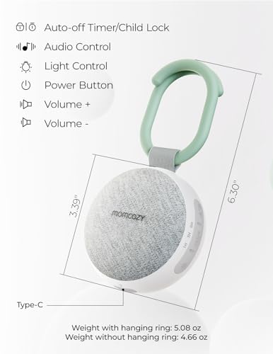 Momcozy Portable Sound Machine with Night Light, White Noise Sound Machine for Baby, 20 Soothing Sounds, Sound Therapy, Long-Lasting Power, Timer, Clips on Stroller, Baby Shower Gifts