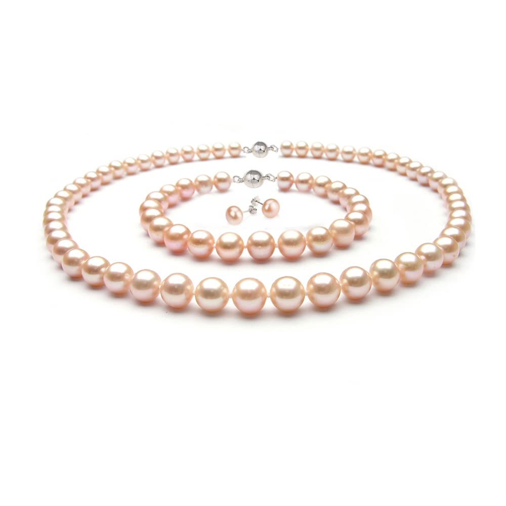 Treasure Bay Elegant and Clasic AA Grade 8mm Off Round Freshwater Pearl Necklace, Bracelet and Earrings Set, Pearl Set for Women and Girls (Pink)