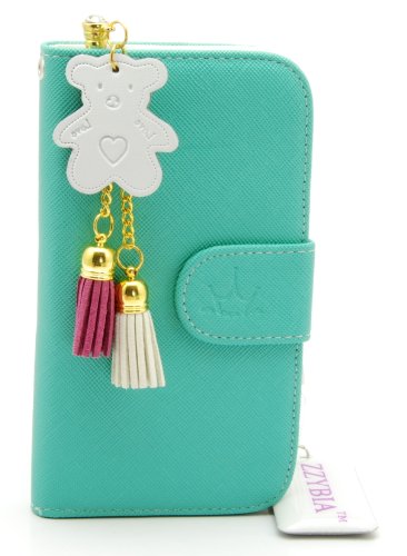 ZZYBIA® S4 TB w Teal Leatherette Stand Case Card Holder Wallet With White Bear Fringed Dust Plug Charm for Samsung Galaxy S4 IV I9500 I9505