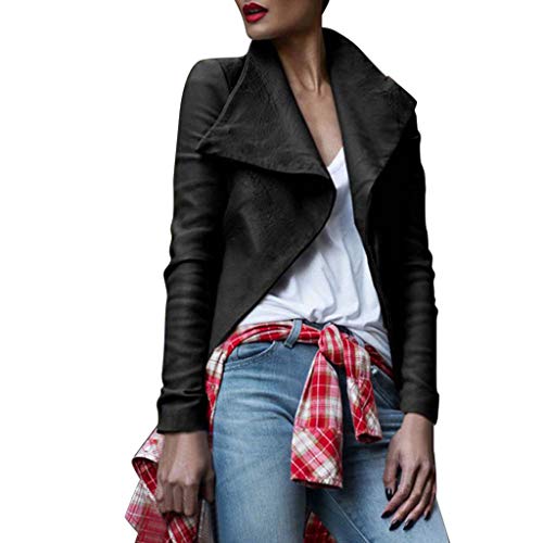 UONQD Fashion Women Turn-Down Coat Solid Tops Leather Loose Long Sleeve Coat(X-Large,Black) - Thumbnail 7