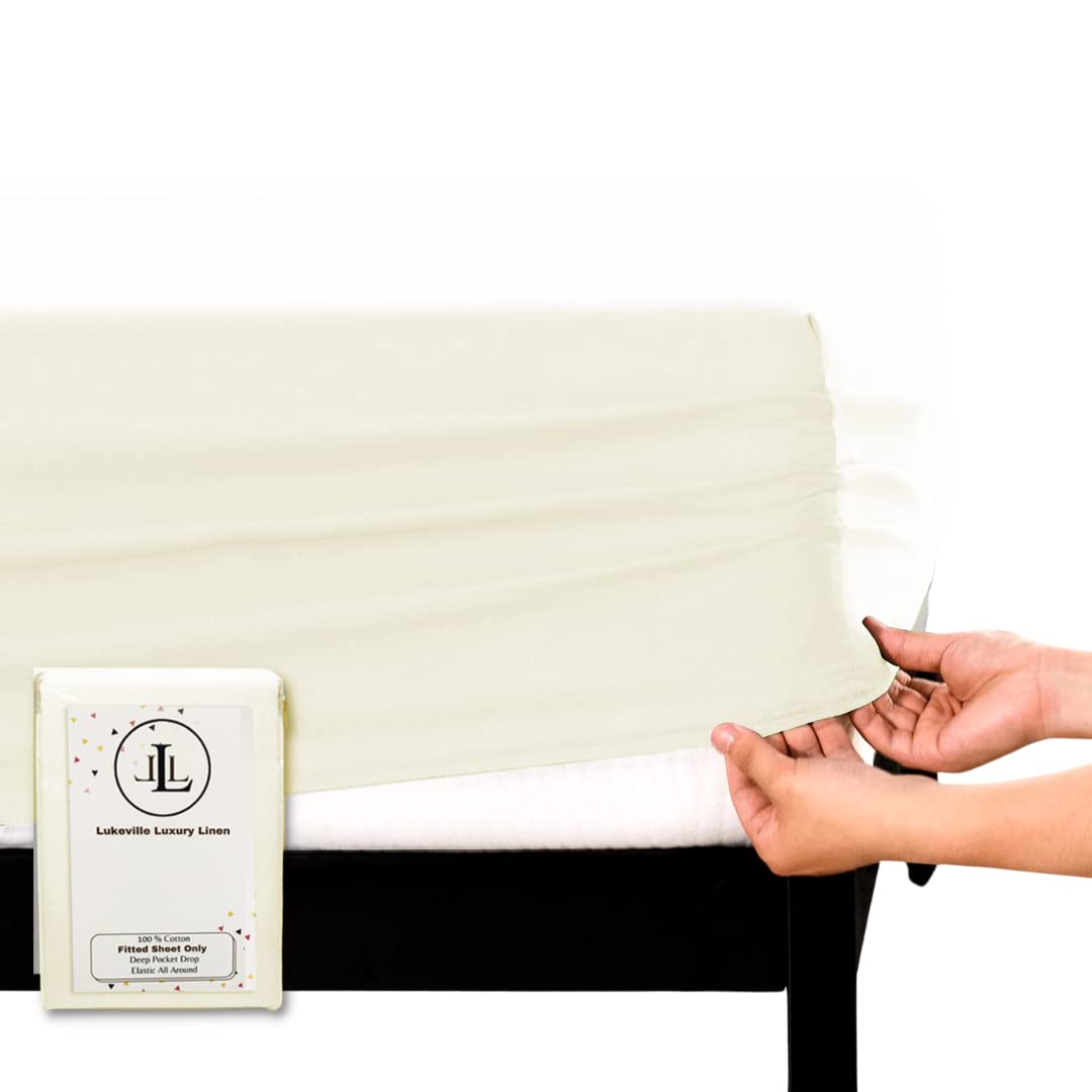 Photo 1 of 400 Thread Count 100% Cotton Fitted Sheet Queen 15 Inch Deep Pocket Long Staple Cotton 1 Fitted Sheet Only Ivory Solid Sateen Weave Soft Breathable Elastic All Around The Mattress