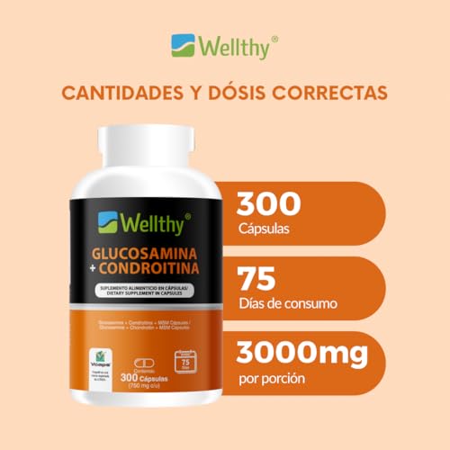 Wellthy Glucosamina 1500mg, Condroitina 1200mg, MSM 300mg. 300 Cápsula de Origen Vegetal, OptiMSM® (USA). Calidad Certificada.