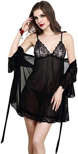 ANQILA Women's Sexy Robe Babydoll Lingerie Set Nightgown Lace Chemise Sleepwear Dress (Black2)