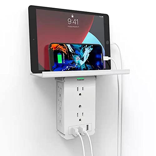 Wall Socket Outlet Extender with Shelf, 3 USB Ports, 8 AC Outlet, Surge