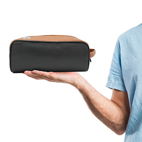 Personalized Toiletry Dopp Shaving Bag Case - Mens Leather Travel Kit - Custom Monogrammed for Free (Black and Brown Leather)