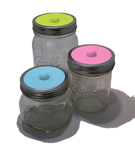 Maintenance free silicone airlock waterless fermentation lids for wide mouth mason jars. BPA free, mold free, dishwasher safe. 6 pack. Premium Presents. pink green blue