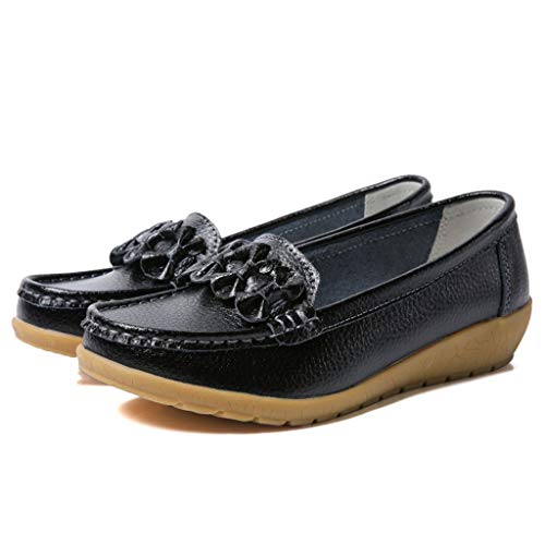 Women's Leather Loafers Moccasins Wild Driving Casual Flats Oxfords Breathable Shoes Black - Thumbnail 6