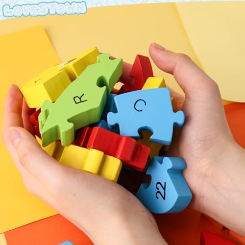 LovesTown Goldfish Wooden Puzzle, 26PCS Jigsaw Puzzle Alphabet and Number Building Blocks for Kids Toddler Preschool