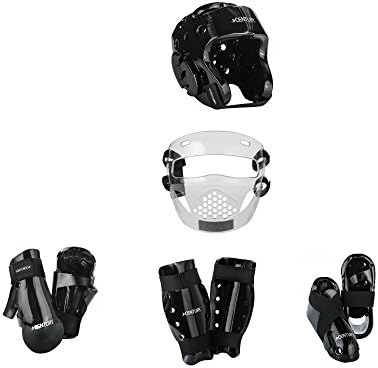 Century Karate 8 pc Sparring Gear Combo Set with shin guards and face shield black child medium