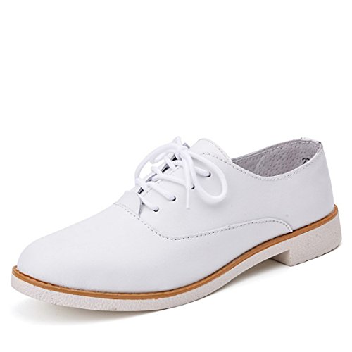 Susanny Oxfords Shoes Genuine Leather Casual Shoes Women Soft Leather Flats Boat Shoes Moccasins Lace up White Shoes 8.5 B (M) US