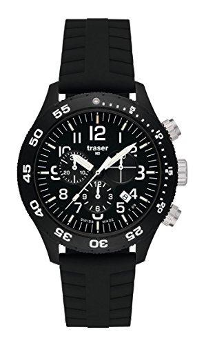 Traser Officer Chronograph Pro, Silicone with safety clasp Strap, Black, 46mm, 107101
