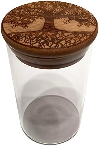 Tree of Life Stash Jar 250ml Glass and Bamboo Refillable Storage Container Wide Tall Mouth Jars (Tree of Life)