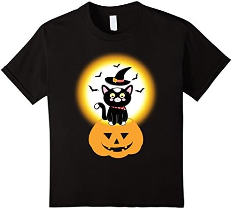 Kids Black Cat Full Moon Bats Halloween Cool Custome T-Shirt 4 Black