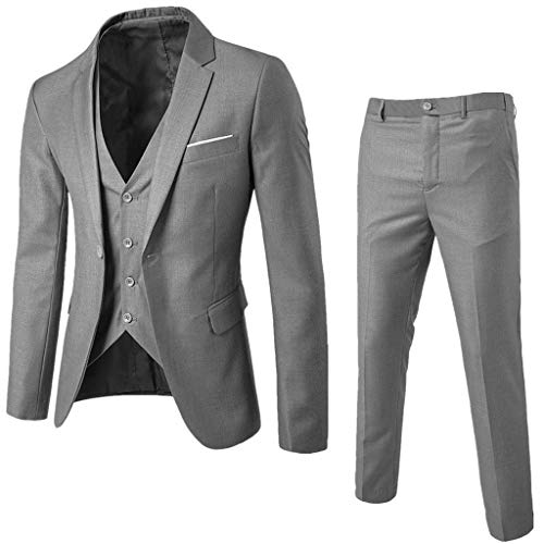 Dressin Men’s Suit Slim Fit One Button 3-Piece Suit Blazer Dress Business Wedding Party Jacket Vest & Pants Gray - Thumbnail 3