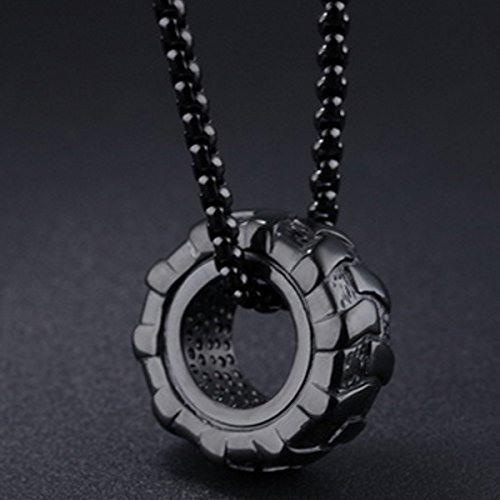 Men Fashion Titanium Steel Necklace Racer Car Tires Shaped Pendant with Square Pearl Chain,Black