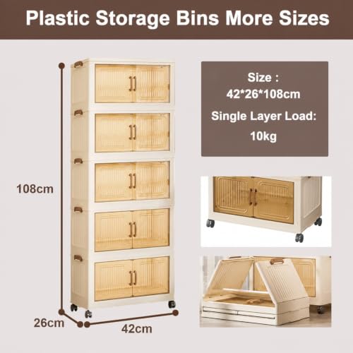 Cestbella Stackable Storage Bins with Lids, 5 Tier Storage Cabinet with Wheels Dual Opening Storage Box, Collapsible Closet Organizer Foldable Clothes Snacks Toys Book Container Case 42x26x108cm