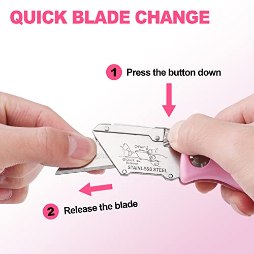 WORKPRO Folding Utility Knife, Quick Change Box Cutter, Pink Razor Knife for Cartons, Cardboard, Boxes with Blade Storage Design, Extra 15 Blades Included