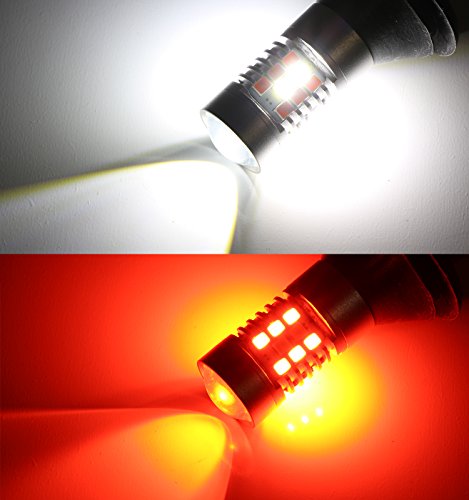 iJDMTOY (1) 28-SMD Red/White LED Bulbs For 2015-up Ford Mustang, 2011-2014 Chevy Volt As Rear Fog Light, Backup Reverse Light