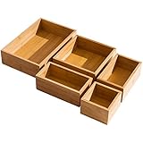 Juego de organizador de cajones de bambú de 5 piezas, kit de caja de almacenamiento de escritorio de madera de lujo, organizador de cajones de basura multiusos para oficina, cocina, dormitorio, habitación de niños, manualidades, costura
