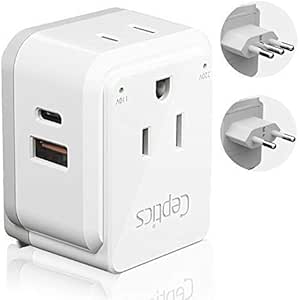 Italy, Chile, Rome Power Plug Adapter Travel Set, Ceptics, Safe Dual USB &amp; Usb-C 3.1A - 2 Usa Socket - Compact &amp; Powerful - Use In Lybia, Tunisia, Uruguay - Includes Type C, Type L Swadapt Attachments