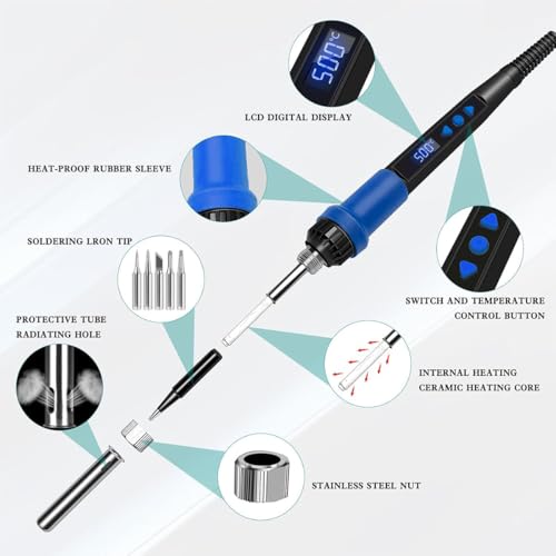 MIKUER Soldering Iron Kit,80W LED Digital Soldering Iron,Portable Soldering Tool Set,Includes 5 Soldering Tips,Solder,Desoldering Pump,Stand,Sponge,Suitable for Welding Circuit Board,Electrical Repair