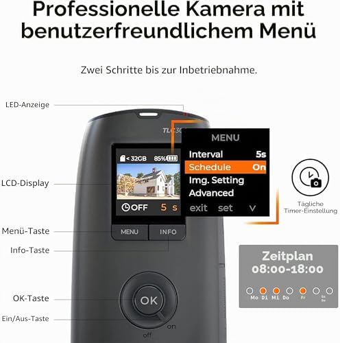 BCC300-C Video-Zeitraffer-Kit – TLC300 Time Lapse Kamer 1080P FHD HDR, IPS-LCD-Bildschirm, IPX4 Schutzgehäuse, Montageklemme – Einfache Bedienung, ideal für Bauprojekte Innen- und Außen