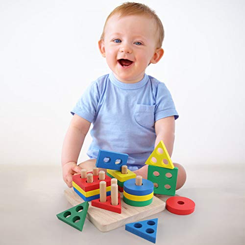 GEMEM Wooden Educational Shape Color Recognition Geometric Board Block Preschool Puzzle Board Toddler Toy Stacking Cups Baby Toys for 2 3 4 5 Years Old Boys and Girls
