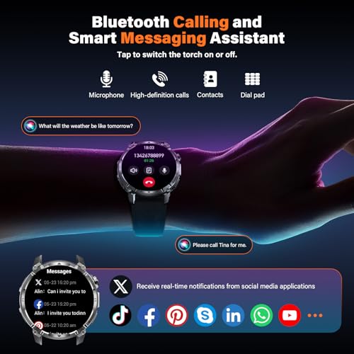 Reloj Inteligente Hombre Militar con Batería 1000 mAh y Linterna LED, 1.7” Smartwatch Hombre con Llamadas Bluetooth Pulsómetro SpO2 Monitor de Sueño 110+ Modos Deportivos Android iOS (Acero Negro)