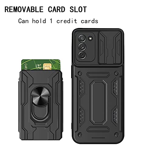 Galaxy S21 FE Case, HAMGEEN for Samsung S21 FE Phone Case Credit Card Holder Wallet Slot Camera Cover Kickstand Ring Stand Shockproof Dual Layer Heavy Duty Protective Cases for Samsung S21 FE Black