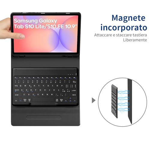 EasyAcc Keyboard Cover for Samsung Galaxy Tab S10 Lite/S10 FE/S9 FE/S9 10.9"/11"(2025/2023) with Screen Protector, [Italian] Removable Keyboard Protective Case with Pen Holder, Black