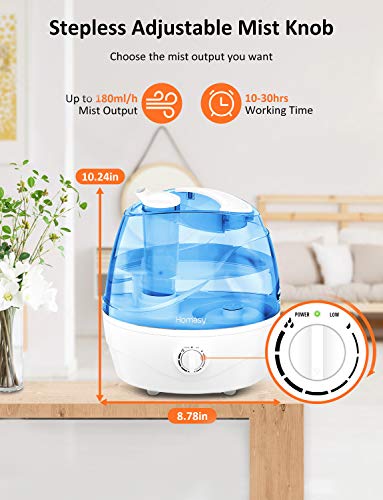Homasy Cool Mist Humidifiers, Quiet Baby Humidifiers for Bedroom, Last Up to 25 Hours, Easy to Clean, Ultrasonic Humidifier with Precise Mist Control, Auto Shut-Off, Anti-Slip Handle