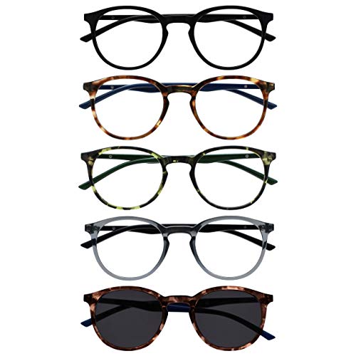 OPULIZE Met 5er-Pack Lesebrille Mit Sonne Leser Runden Schwarz Braun Grün Grau Herren Damen RRRRS60-12672 +3,50