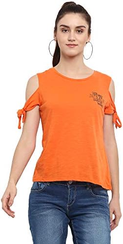 KVL Womens Printed Cold Shoulder Round Neck Cotton Top - Orange