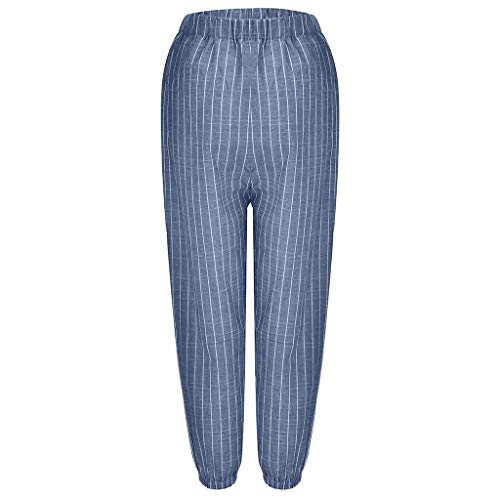 Botrong Women Striped High Waist Cotton and Linen Long Pants Casual Beach Trousers Blue - Thumbnail 6
