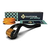 Derma Roller For Face 540 Titanium Needles 0.25mm by Matykos Non Invasive Microneedling Tool BONUS Storage Case, 10 Compressed Facial Sponges, Brochure, and Gift Box